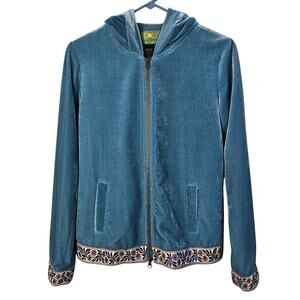Tracy Porter Hooded Jacket Women's S Teal Blue Floral Ribbon Trim Polished Boho
